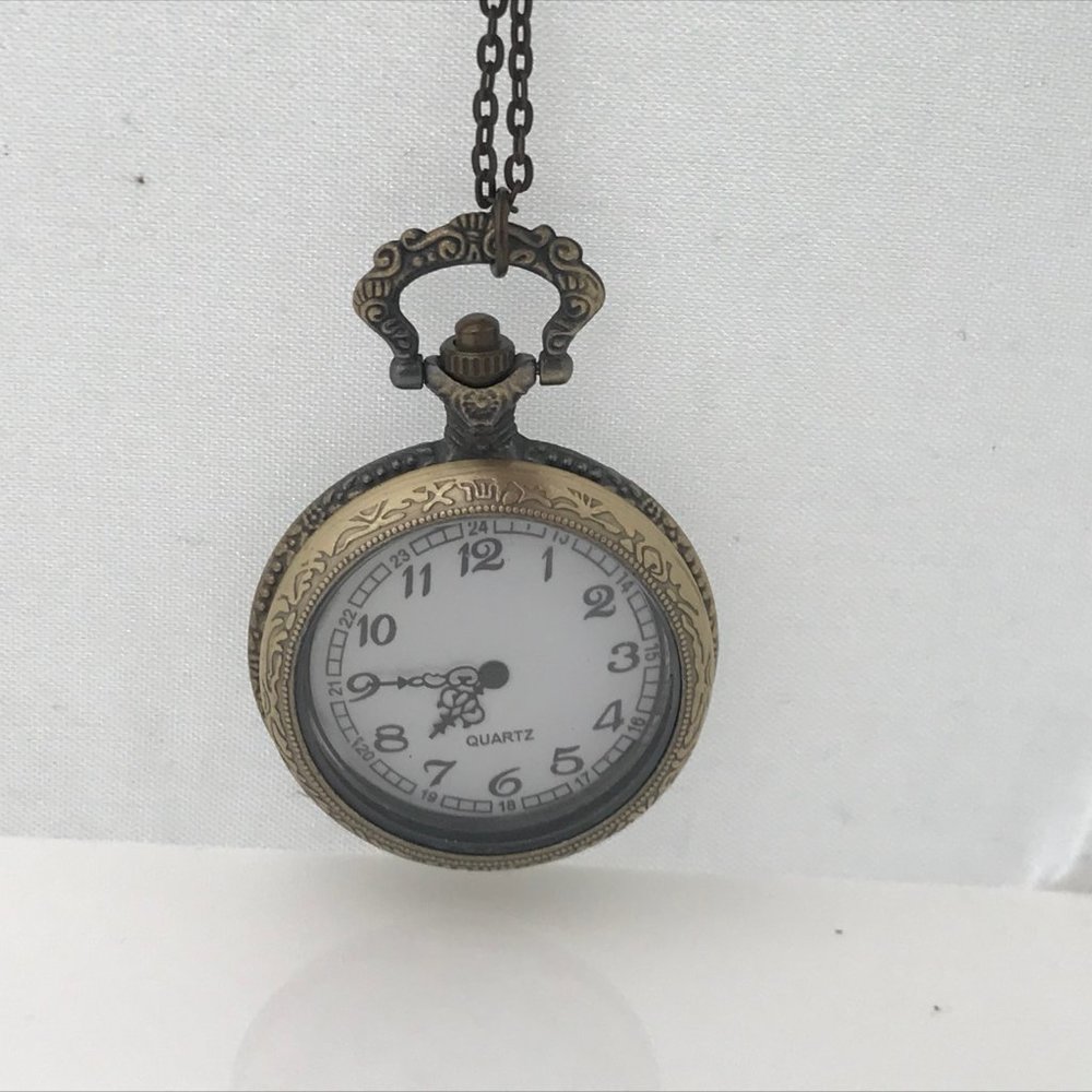 Pocket Watch Necklace Quartz Analog Brass Tone - Picture 8 of 12